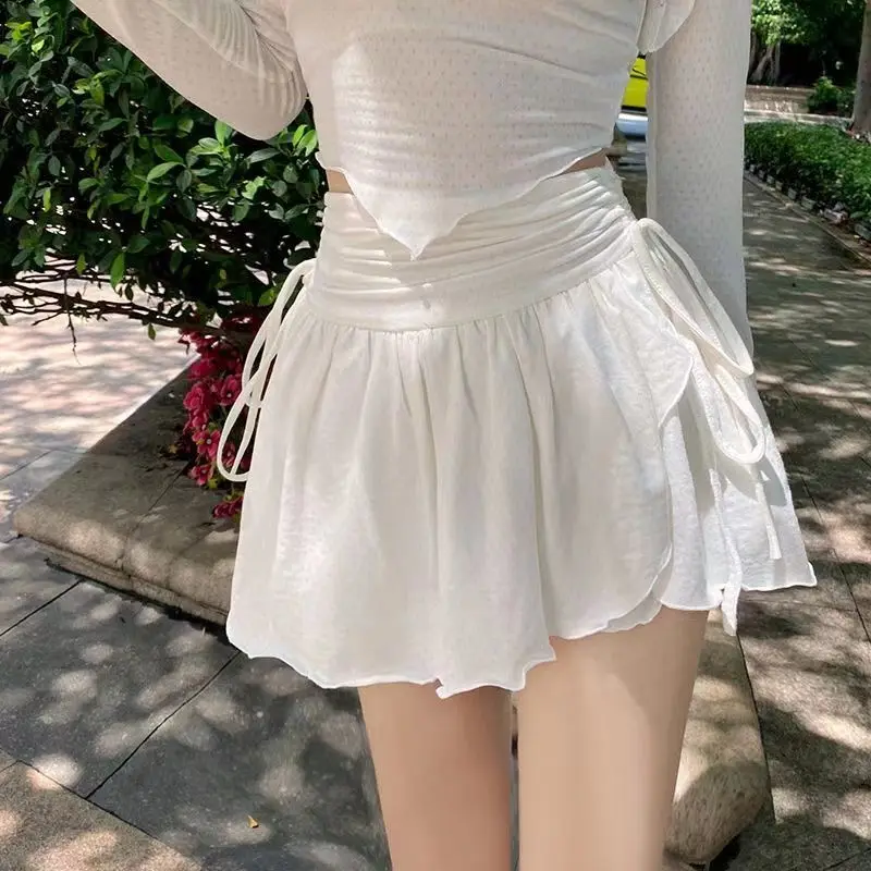 Сексуальная милая белая мини-юбка со шнурком, складки, Высокая Талия нерегулярные рябить лоскутное короткие юбки Мори девушка платье с кулиской - 0