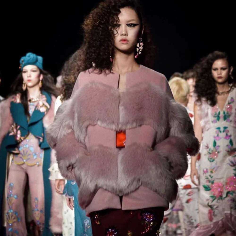 Дизайнерское пальто с искусственным мехом для подиума, зимняя куртка с круглым вырезом и розовой меховой вышивкой, Женская куртка, пальто, пальто - 0