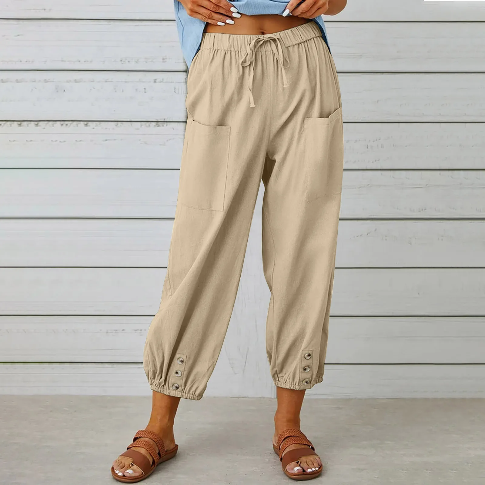 Хлопчатобумажные льняные укороченные брюки на пуговицах, Женская Высокая эластичная талия с карманами, летние повседневные рабочие укороченные брюки, стрейчевые Капри - 0