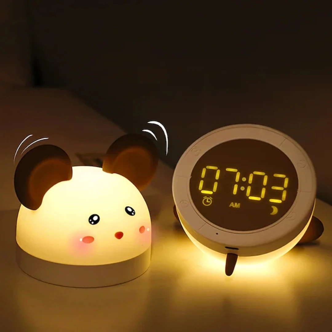 Светодиодный цифровой будильник, Электронная ночная лампа, Милый кот, мышь с регулируемой Яркостью, Зарядка через USB, Настольные часы для спальни, освещение для пробуждения - 0