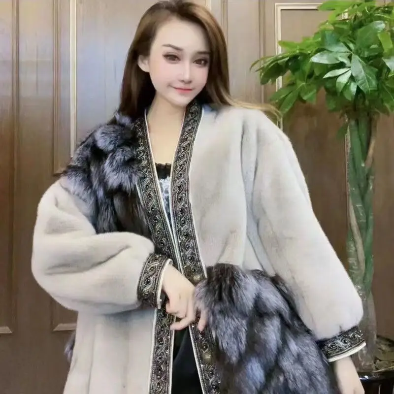 Новая зимняя тяжелая шуба из лисьего меха, расшитая бисером, женская высококачественная модная одежда для сохранения тепла - 0