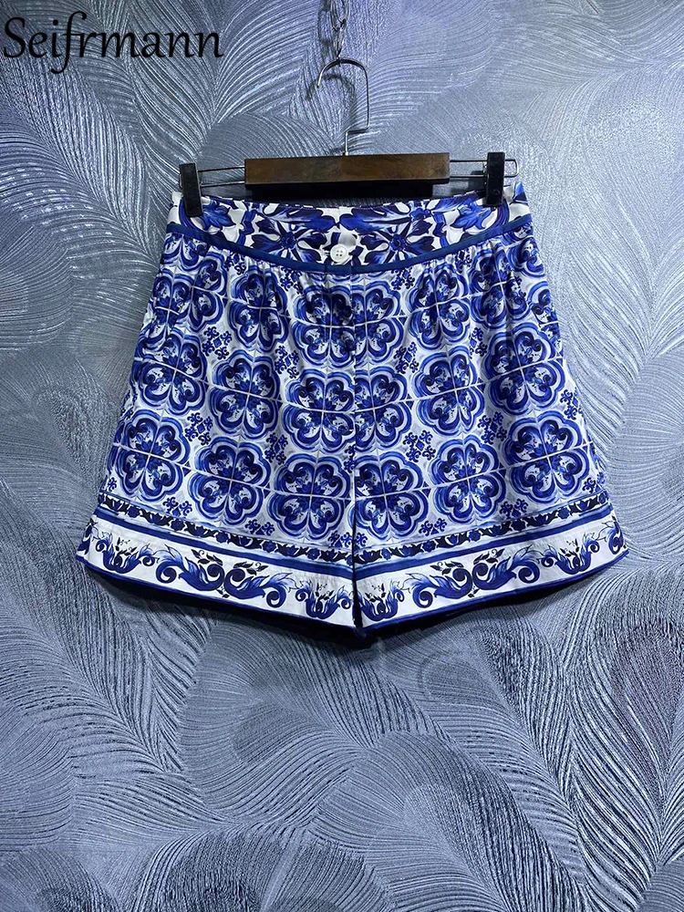 Высококачественные летние женские модные дизайнерские Хлопчатобумажные шорты Seifrmann с высокой талией, Синие и белые шорты с фарфоровым принтом - 0