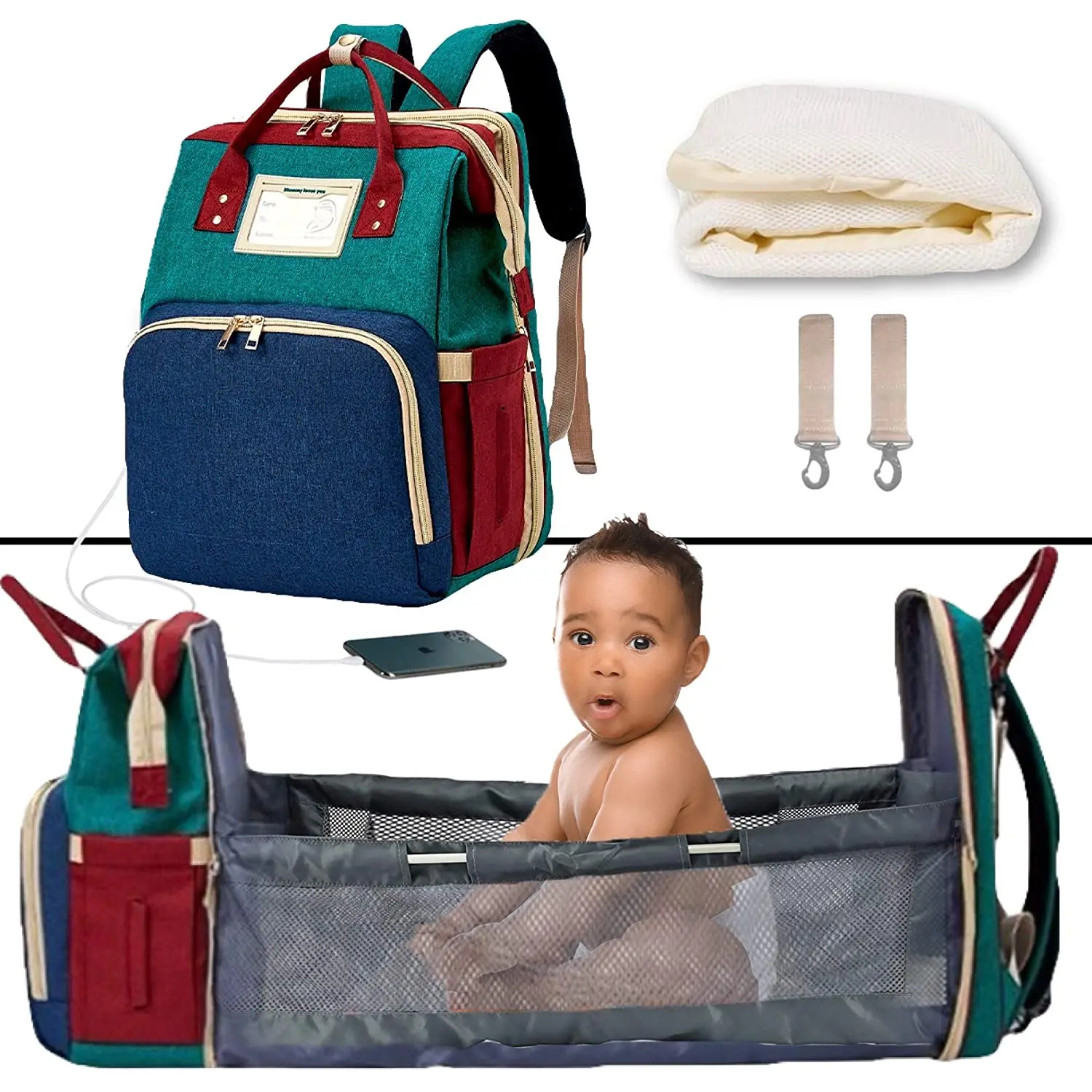 складная детская кроватка 3в1, сумка для подгузников для мамы, Органайзер, Переносная Дорожная станция для смены подгузников с USB-портом для зарядки - 0