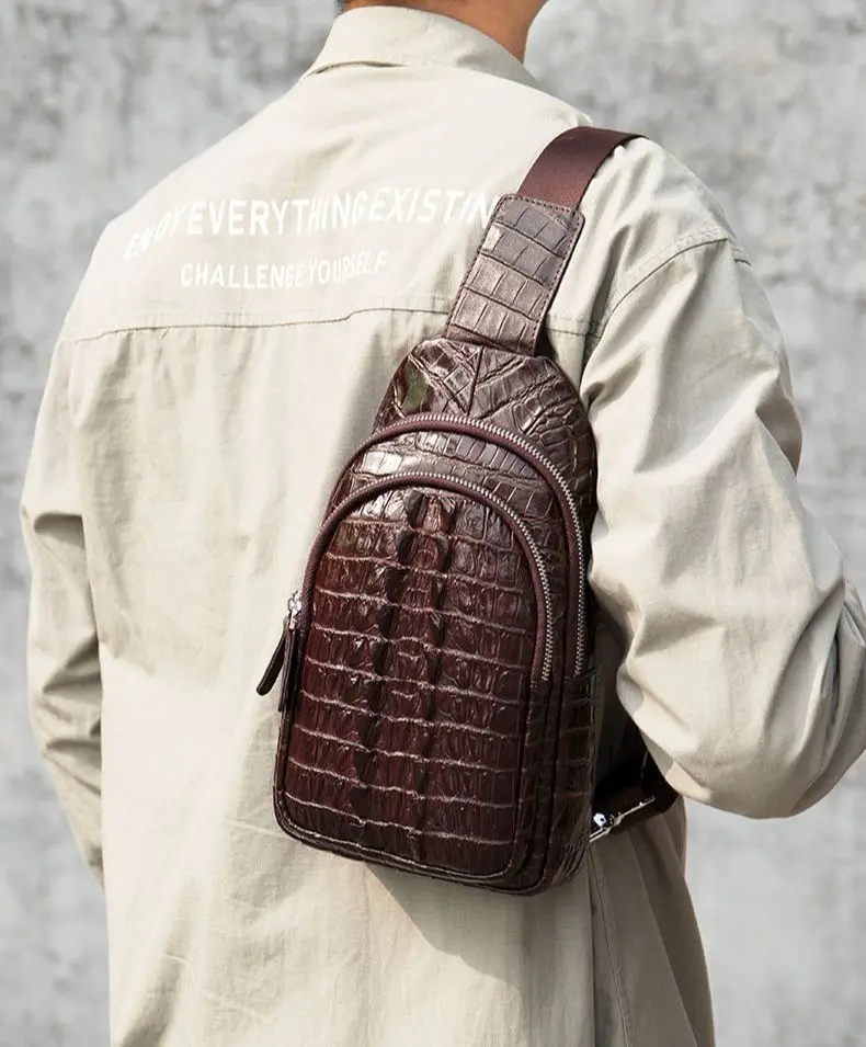 Мужская кожаная нагрудная сумка Легкий Роскошный дизайн с рисунком крокодиловой кожи Хвостовой плавник Многофункциональная сумка через плечо - 0