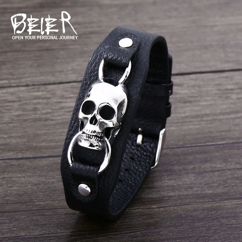Beier из нержавеющей стали 316L с черепом в стиле панк, Регулируемый Высококачественный Кожаный мужской браслет, модные украшения для вечеринок в байкерском стиле - 0
