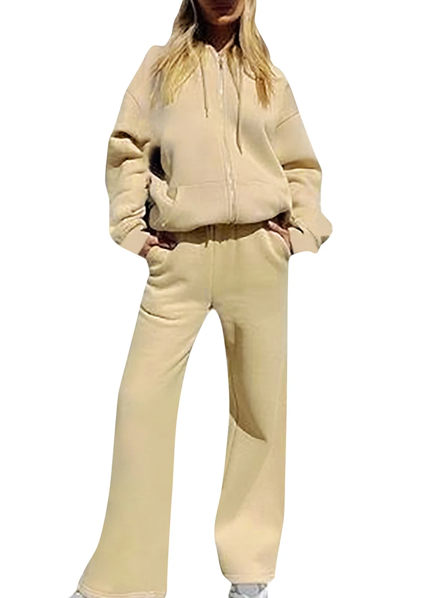 Женский повседневный спортивный костюм на молнии с капюшоном, топы с длинными рукавами и брюки на завязках - 0