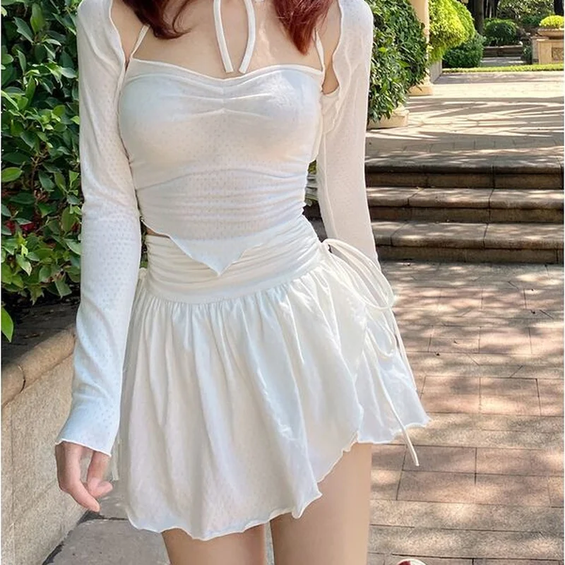 Сексуальная милая белая мини-юбка со шнурком, складки, Высокая Талия нерегулярные рябить лоскутное короткие юбки Мори девушка платье с кулиской - 1