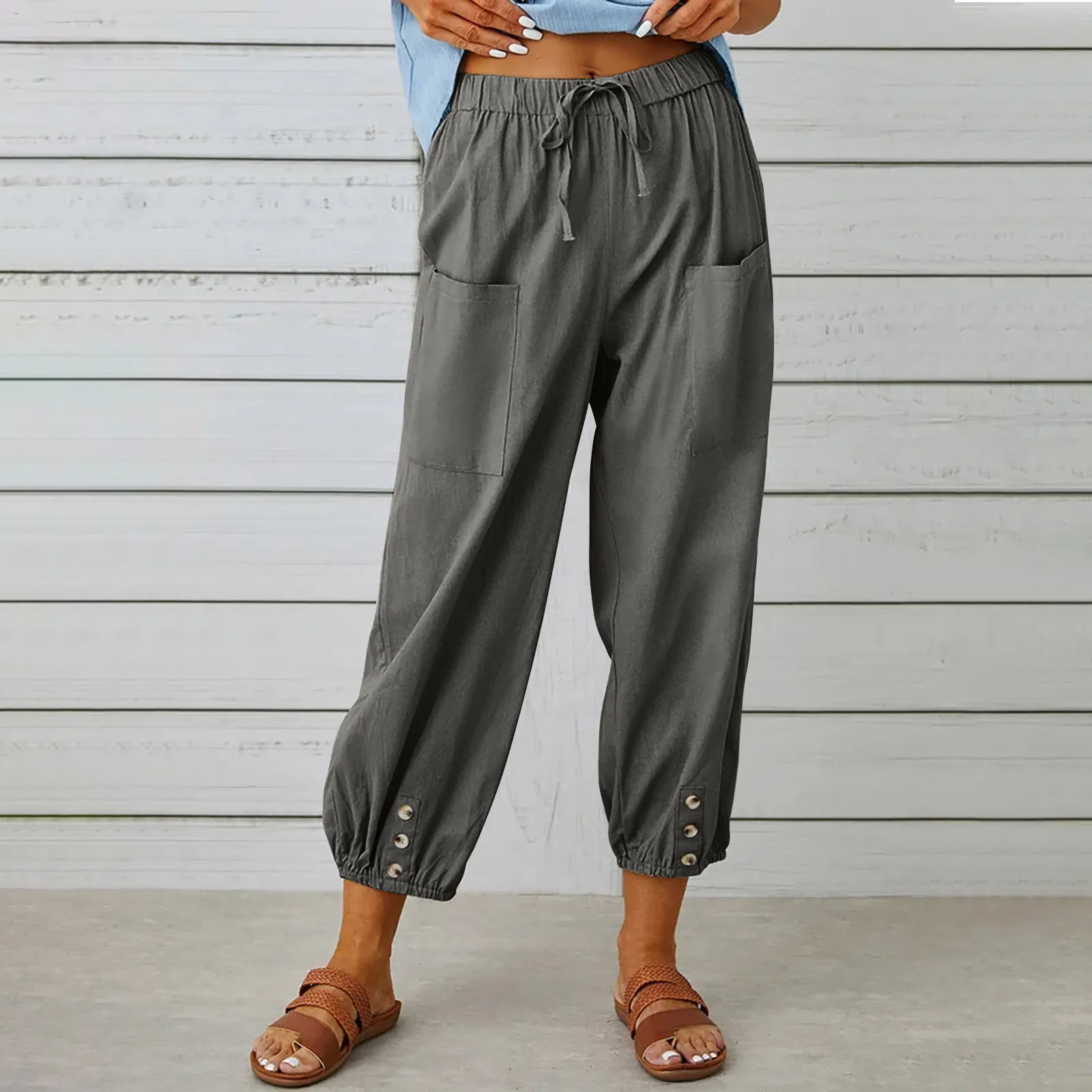 Хлопчатобумажные льняные укороченные брюки на пуговицах, Женская Высокая эластичная талия с карманами, летние повседневные рабочие укороченные брюки, стрейчевые Капри - 1