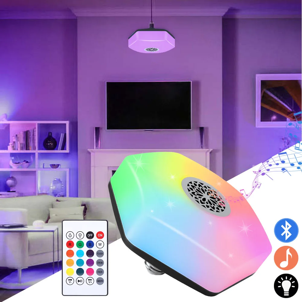 Светодиодные лампочки RGBW с динамиком, играющим музыку, Меняющая цвет Светодиодная лампа с дистанционным управлением, лампа дневного света, Атмосферная лампа E27 - 1