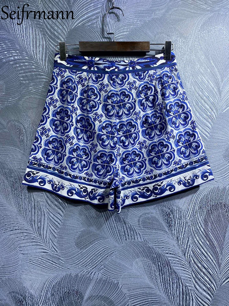 Высококачественные летние женские модные дизайнерские Хлопчатобумажные шорты Seifrmann с высокой талией, Синие и белые шорты с фарфоровым принтом - 1