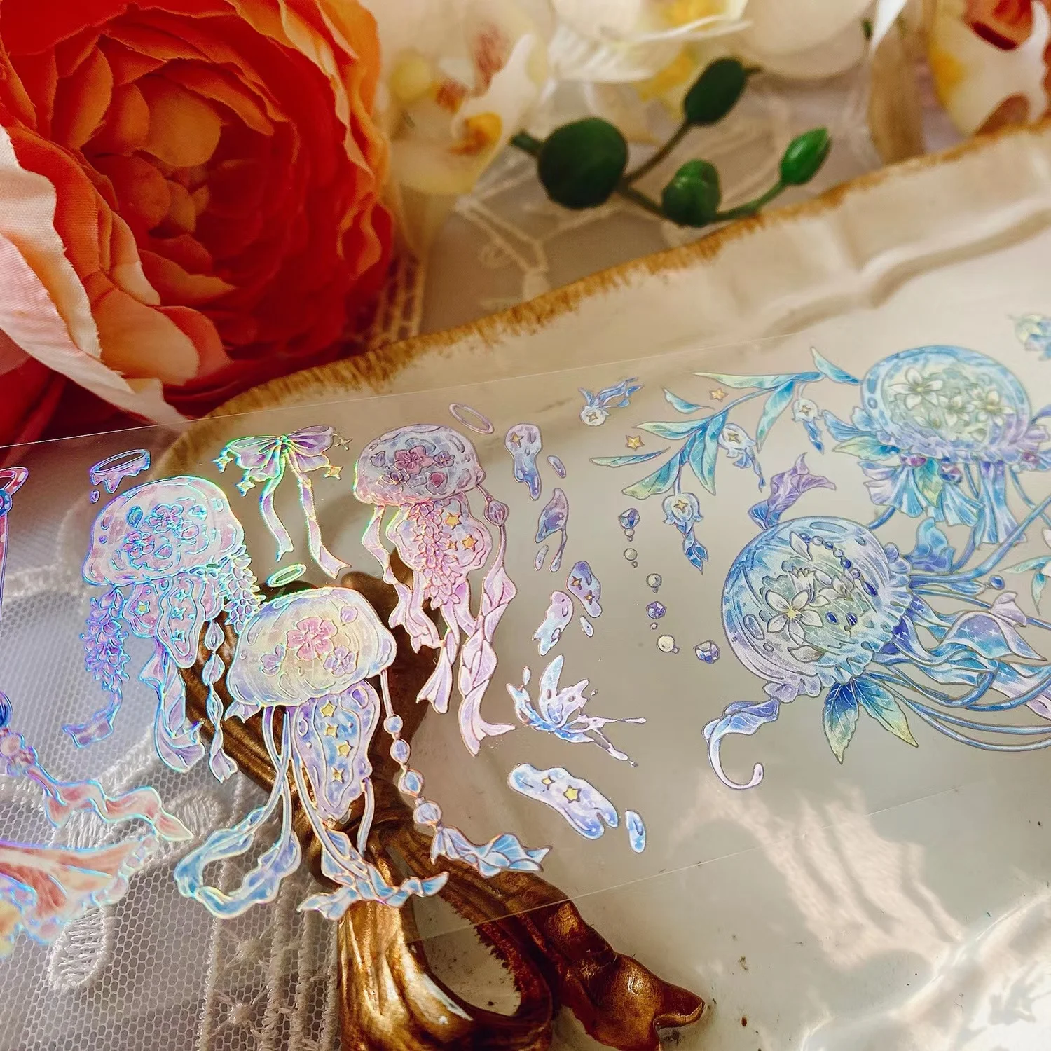Прекрасная Мечтательная Плавающая Медуза, Серебристая Лазерная Блестящая лента Washi PET для изготовления открыток, Декоративная наклейка для Скрапбукинга 