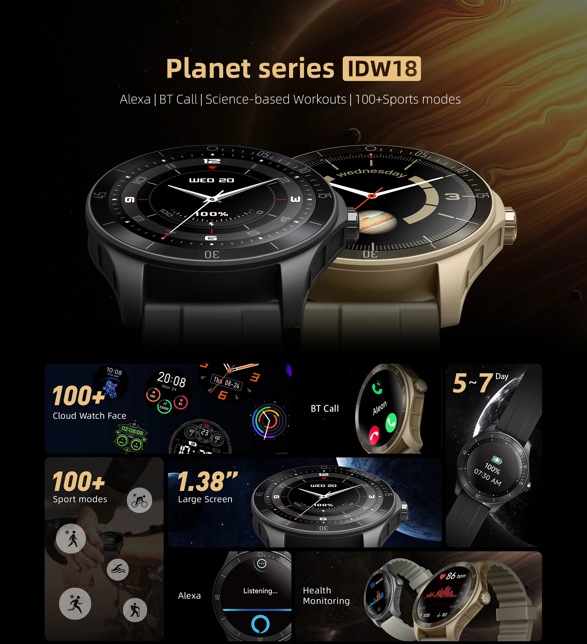 JWMOVE IDW18 Смарт-часы Для Мужчин и Женщин с 1,38 Дюймовым Экраном, Умные Часы с частотой сердечных сокращений в реальном времени, 5ATM Bluetooth, Монитор стресса, Спортивные - 1