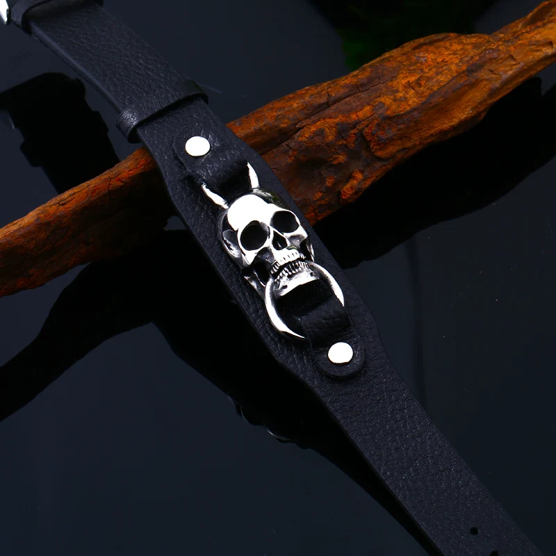 Beier из нержавеющей стали 316L с черепом в стиле панк, Регулируемый Высококачественный Кожаный мужской браслет, модные украшения для вечеринок в байкерском стиле - 1