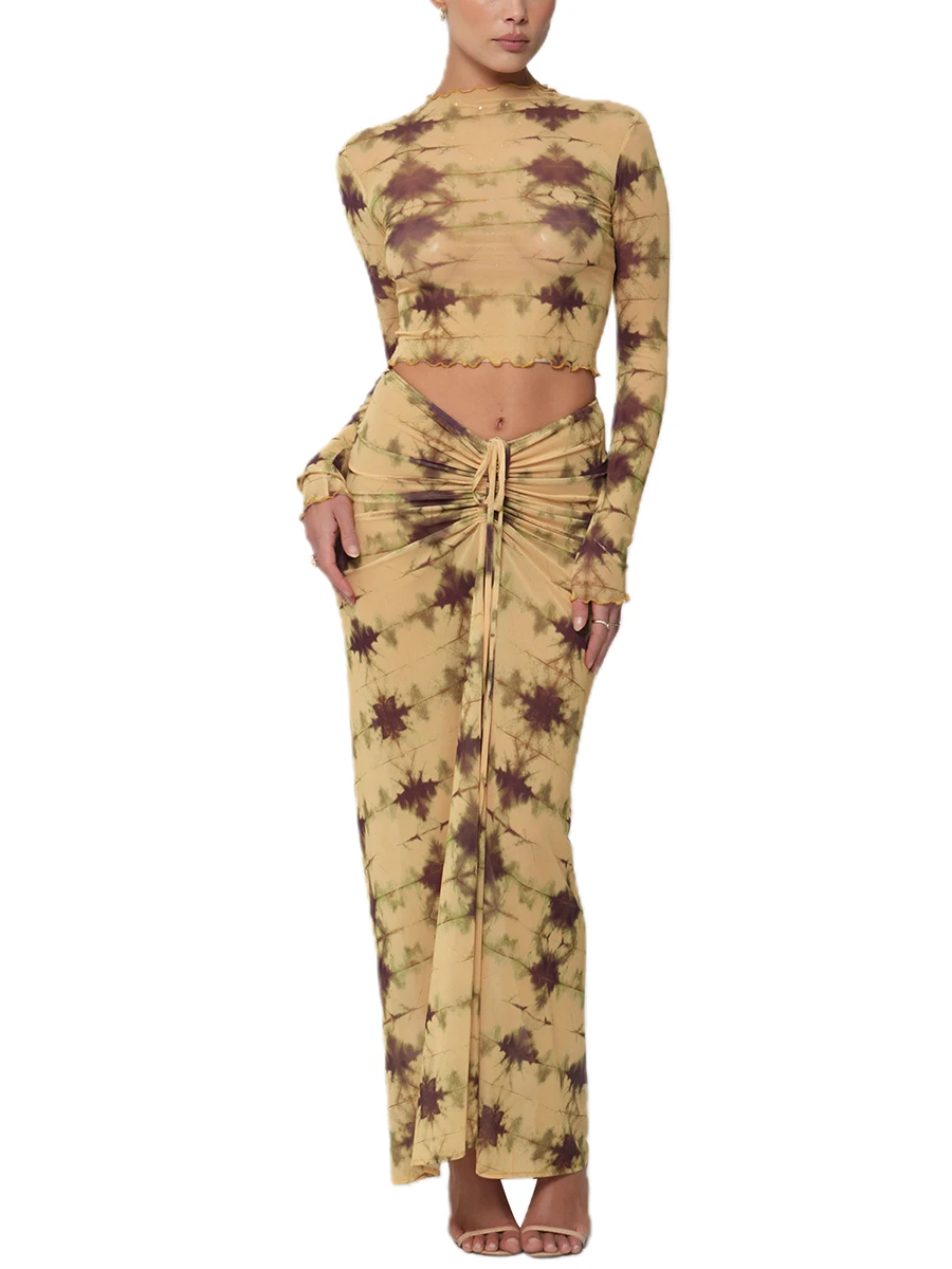 Женский комплект юбок из двух предметов в рубчик, укороченный топ с длинным рукавом и юбка миди с высокой талией - Облегающее облегающее платье - 1