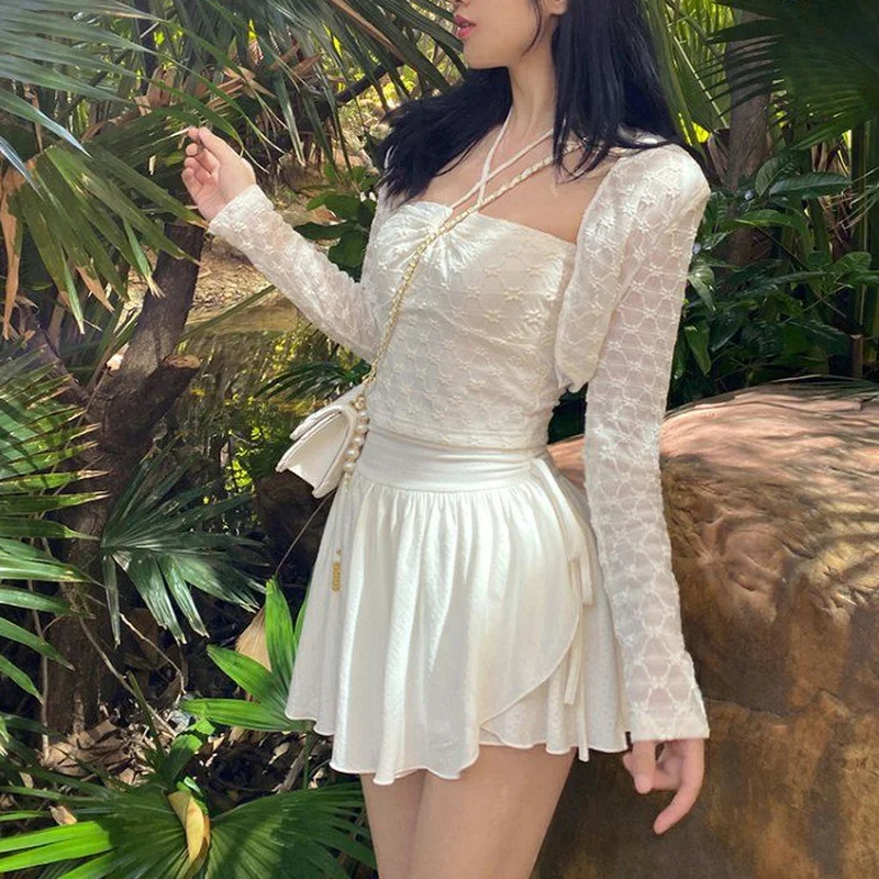 Сексуальная милая белая мини-юбка со шнурком, складки, Высокая Талия нерегулярные рябить лоскутное короткие юбки Мори девушка платье с кулиской - 2