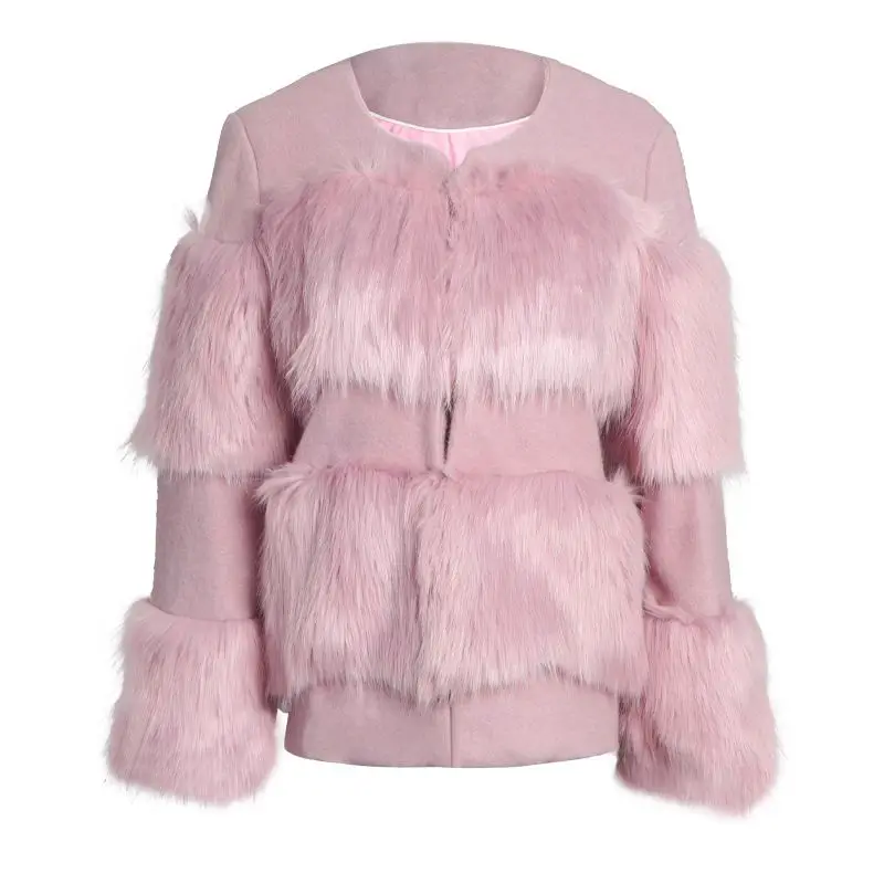 Дизайнерское пальто с искусственным мехом для подиума, зимняя куртка с круглым вырезом и розовой меховой вышивкой, Женская куртка, пальто, пальто - 2