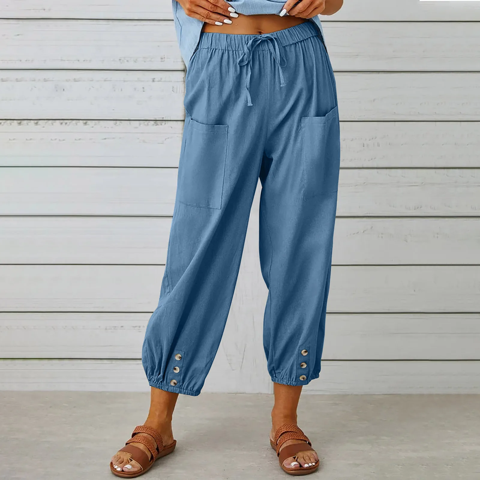 Хлопчатобумажные льняные укороченные брюки на пуговицах, Женская Высокая эластичная талия с карманами, летние повседневные рабочие укороченные брюки, стрейчевые Капри - 2