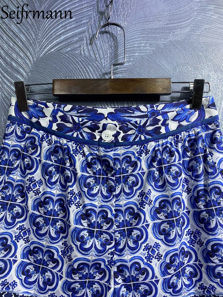 Высококачественные летние женские модные дизайнерские Хлопчатобумажные шорты Seifrmann с высокой талией, Синие и белые шорты с фарфоровым принтом - 2