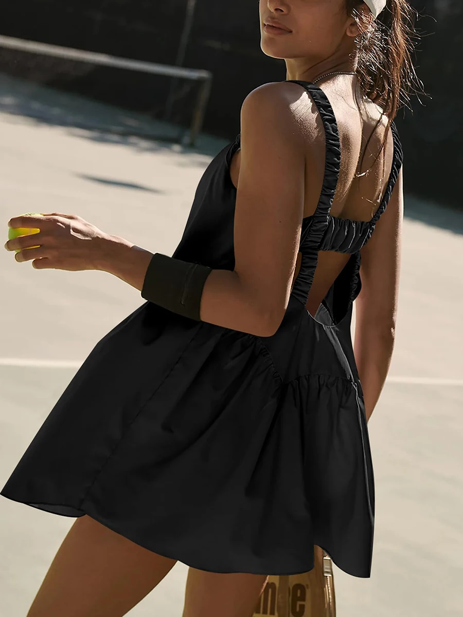 Женское теннисное платье с шортами, тренировочное платье без рукавов с вырезом и карманом, комплект одежды из 2 предметов - 2