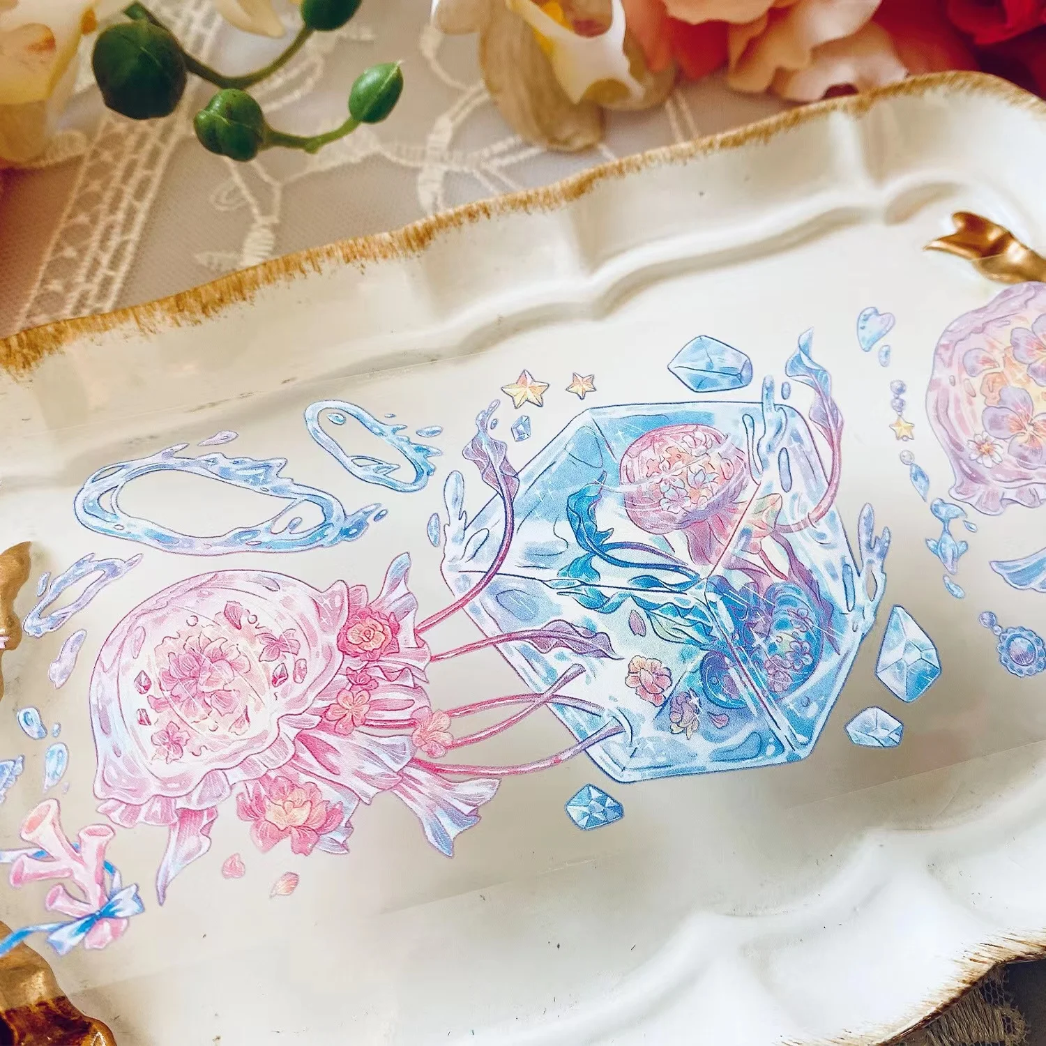 Прекрасная Мечтательная Плавающая Медуза, Серебристая Лазерная Блестящая лента Washi PET для изготовления открыток, Декоративная наклейка для Скрапбукинга 