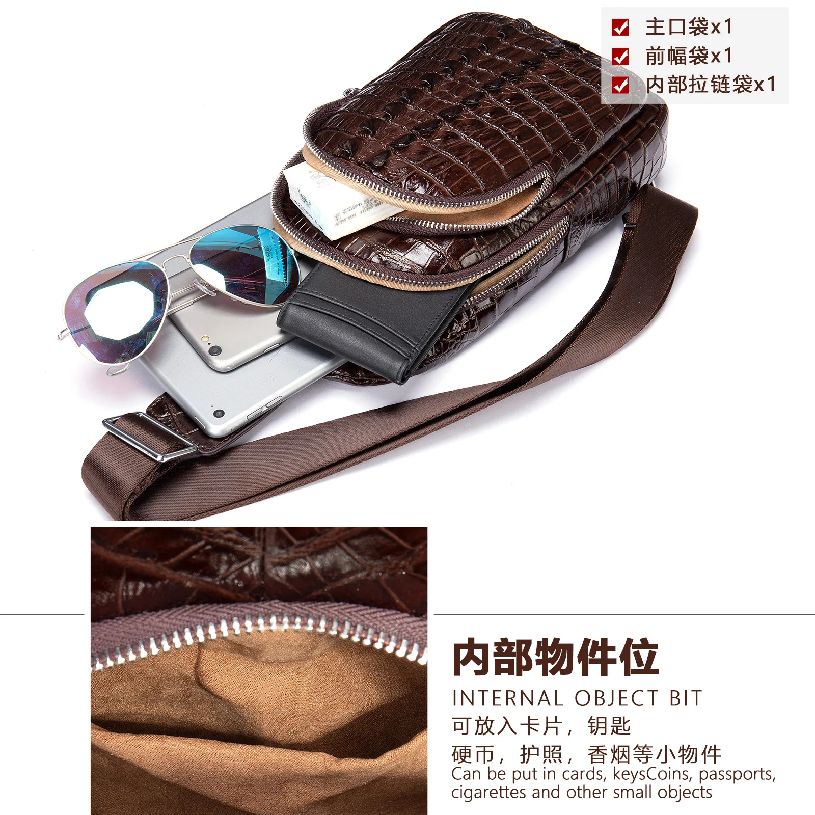 Мужская кожаная нагрудная сумка Легкий Роскошный дизайн с рисунком крокодиловой кожи Хвостовой плавник Многофункциональная сумка через плечо - 2