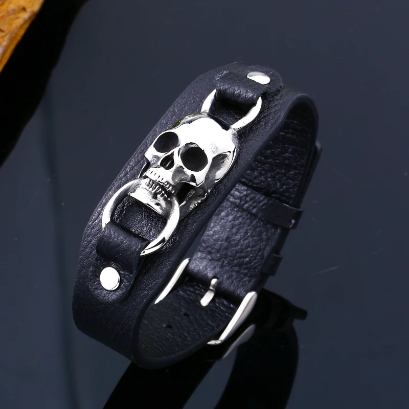 Beier из нержавеющей стали 316L с черепом в стиле панк, Регулируемый Высококачественный Кожаный мужской браслет, модные украшения для вечеринок в байкерском стиле - 2