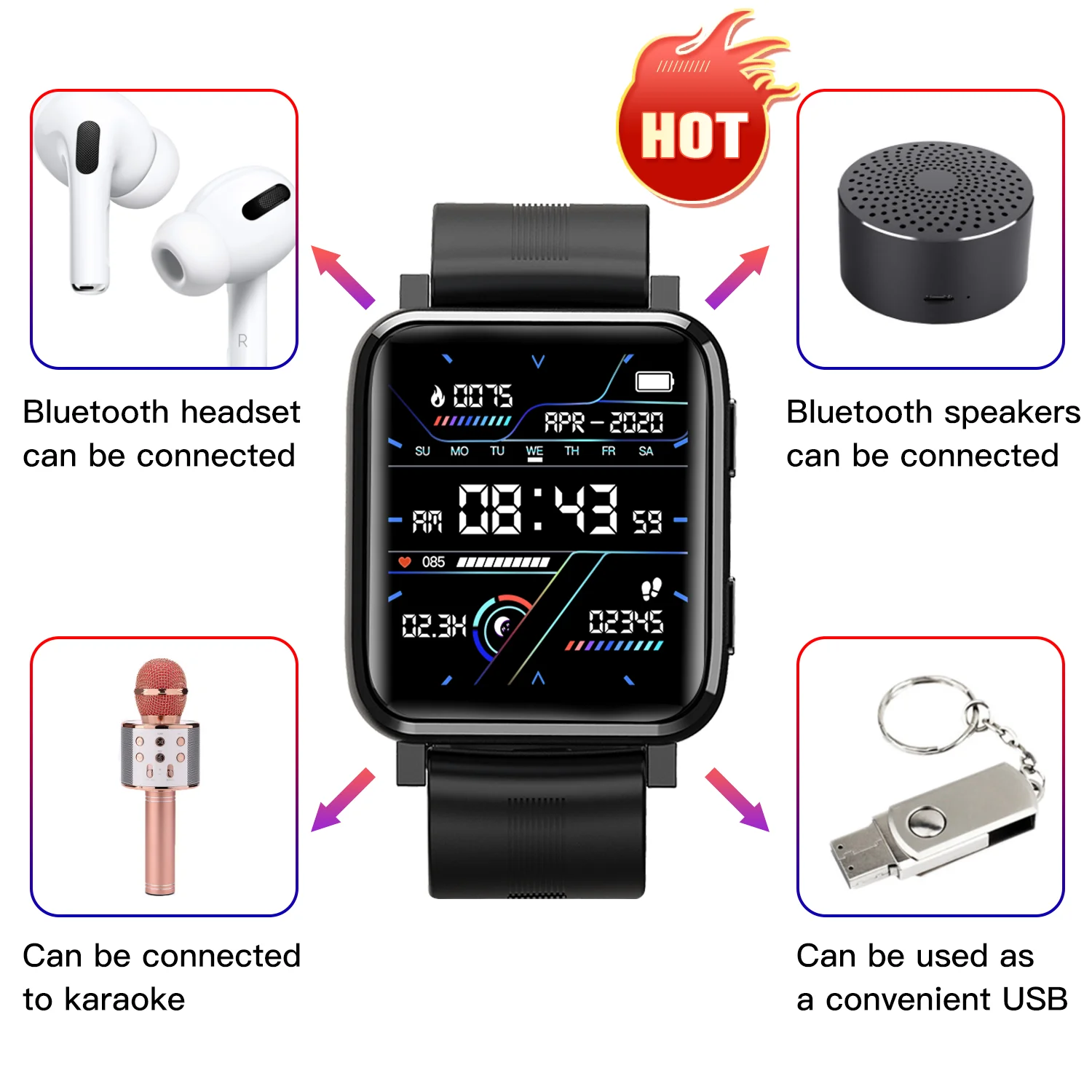 F30 Bluetooth часы с музыкой в режиме разговора, пульсометр, монитор артериального давления, сна, запись упражнений, мужские и женские умные часы - 2