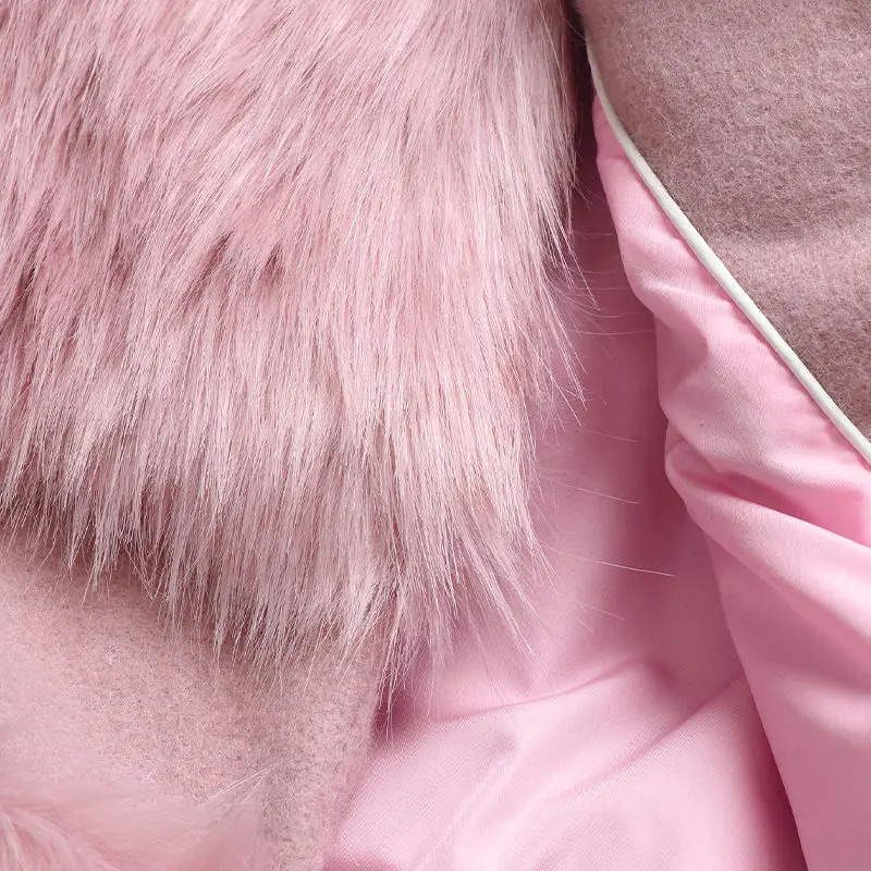 Дизайнерское пальто с искусственным мехом для подиума, зимняя куртка с круглым вырезом и розовой меховой вышивкой, Женская куртка, пальто, пальто - 3