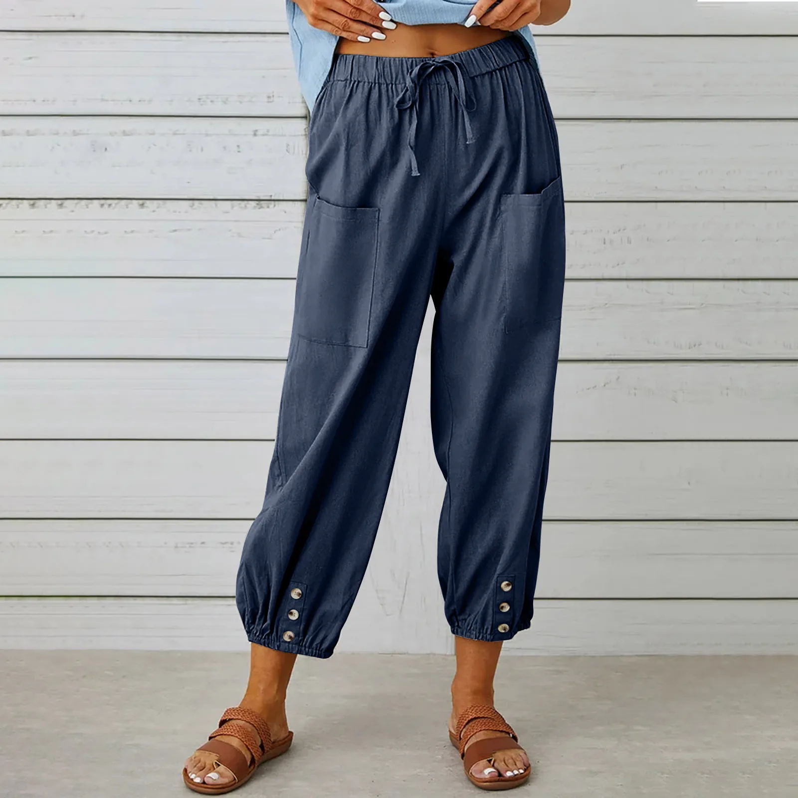 Хлопчатобумажные льняные укороченные брюки на пуговицах, Женская Высокая эластичная талия с карманами, летние повседневные рабочие укороченные брюки, стрейчевые Капри - 3