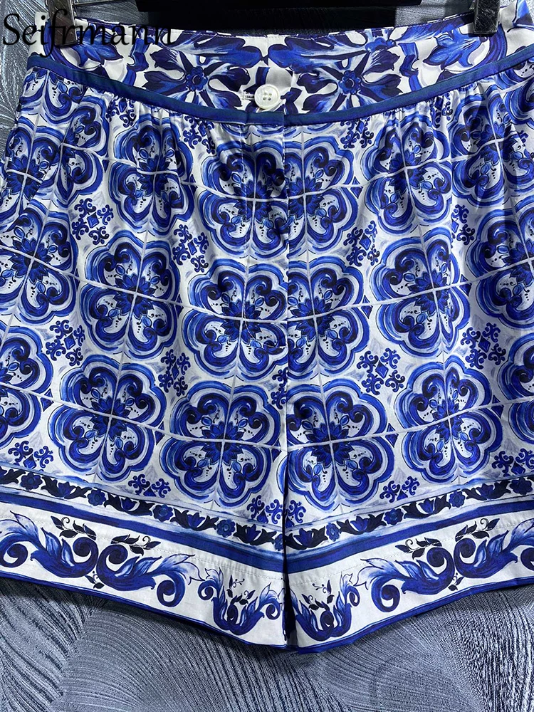 Высококачественные летние женские модные дизайнерские Хлопчатобумажные шорты Seifrmann с высокой талией, Синие и белые шорты с фарфоровым принтом - 3
