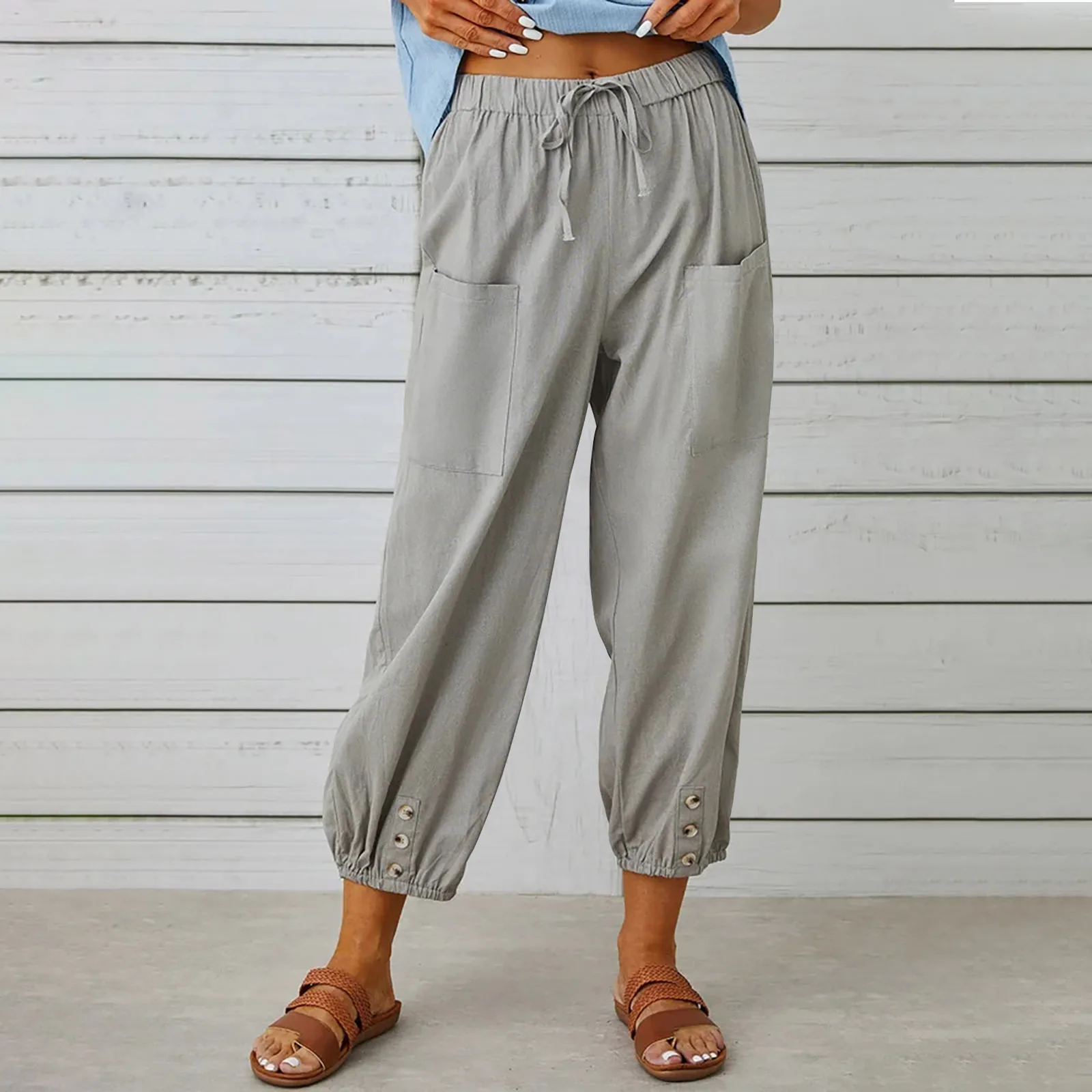 Хлопчатобумажные льняные укороченные брюки на пуговицах, Женская Высокая эластичная талия с карманами, летние повседневные рабочие укороченные брюки, стрейчевые Капри - 4