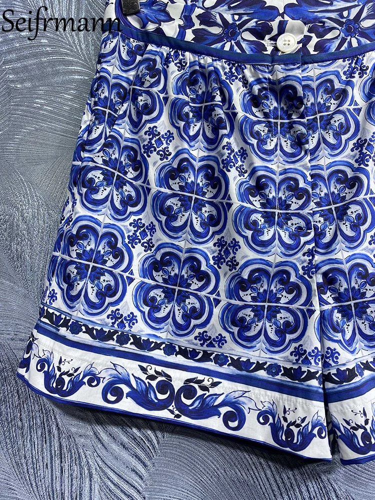 Высококачественные летние женские модные дизайнерские Хлопчатобумажные шорты Seifrmann с высокой талией, Синие и белые шорты с фарфоровым принтом - 4