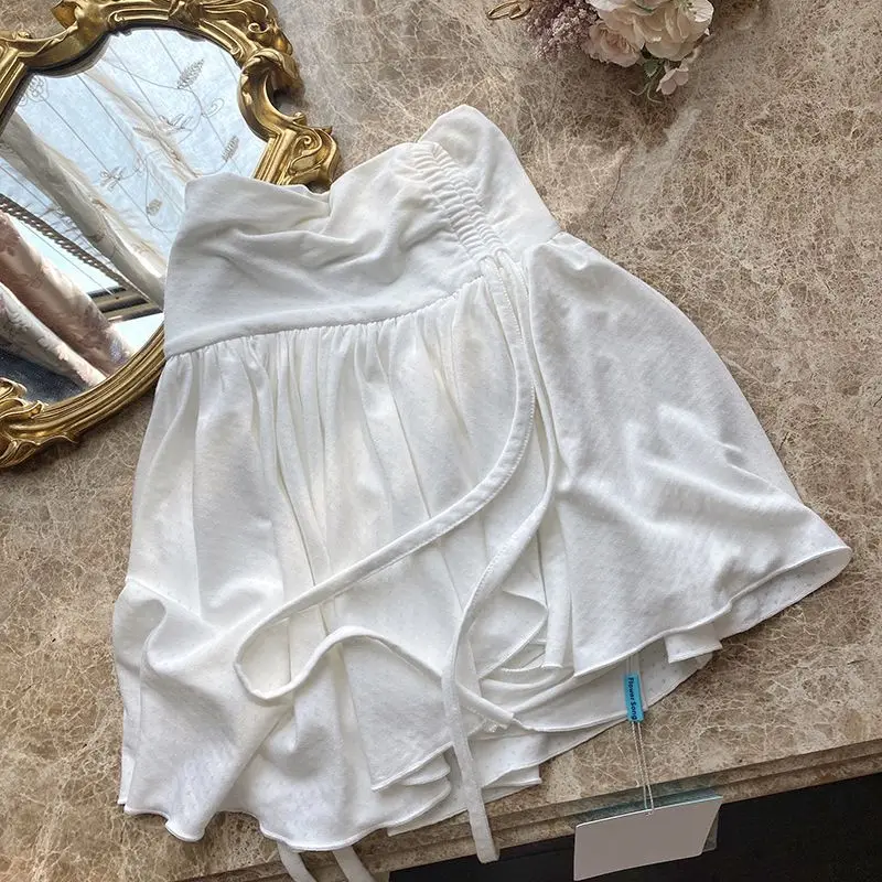 Сексуальная милая белая мини-юбка со шнурком, складки, Высокая Талия нерегулярные рябить лоскутное короткие юбки Мори девушка платье с кулиской - 5