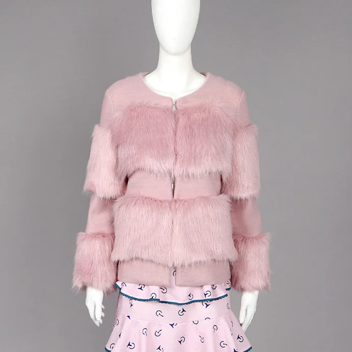 Дизайнерское пальто с искусственным мехом для подиума, зимняя куртка с круглым вырезом и розовой меховой вышивкой, Женская куртка, пальто, пальто - 5