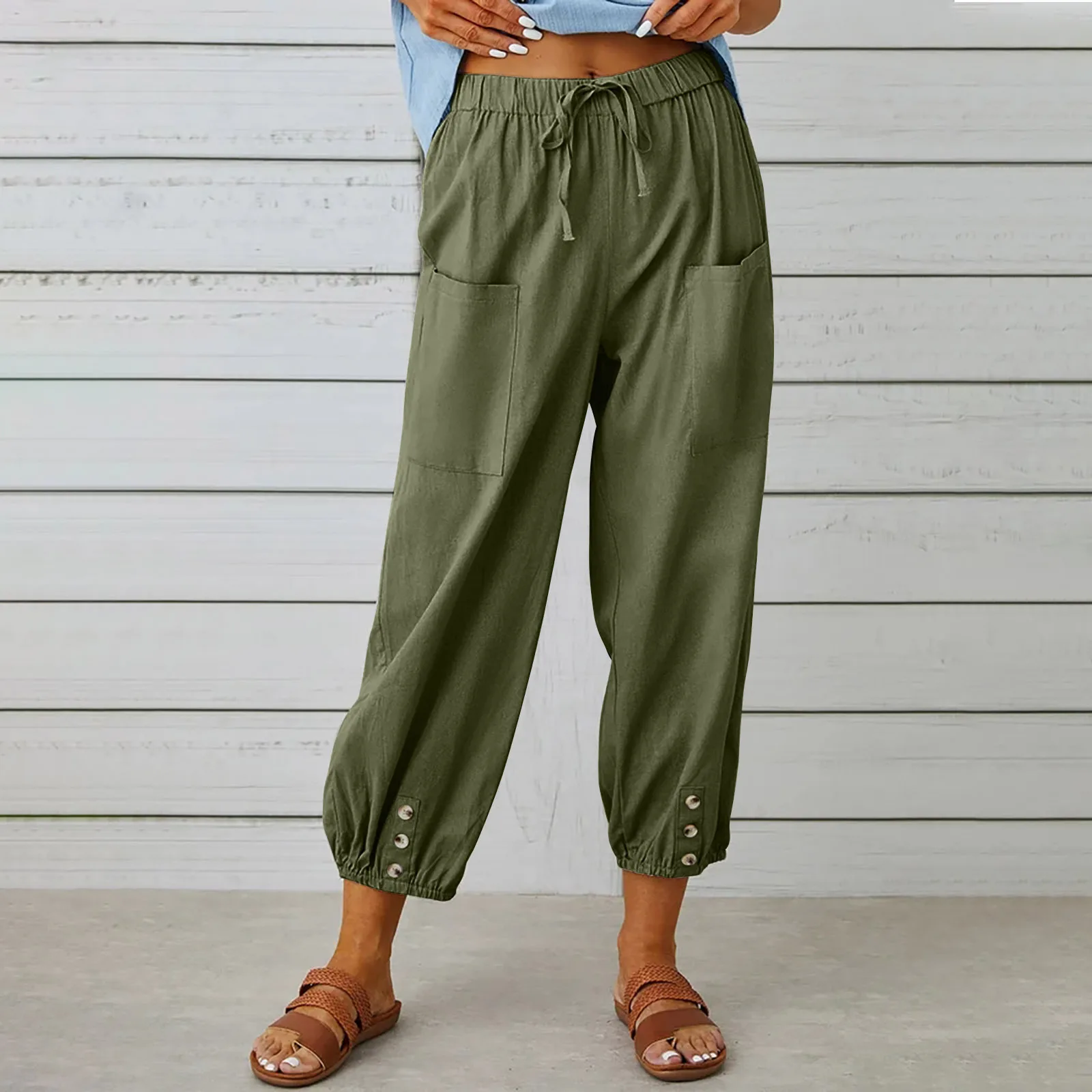 Хлопчатобумажные льняные укороченные брюки на пуговицах, Женская Высокая эластичная талия с карманами, летние повседневные рабочие укороченные брюки, стрейчевые Капри - 5