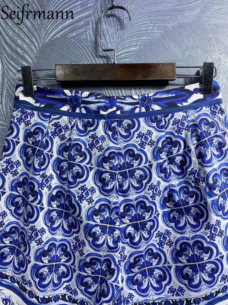 Высококачественные летние женские модные дизайнерские Хлопчатобумажные шорты Seifrmann с высокой талией, Синие и белые шорты с фарфоровым принтом - 5