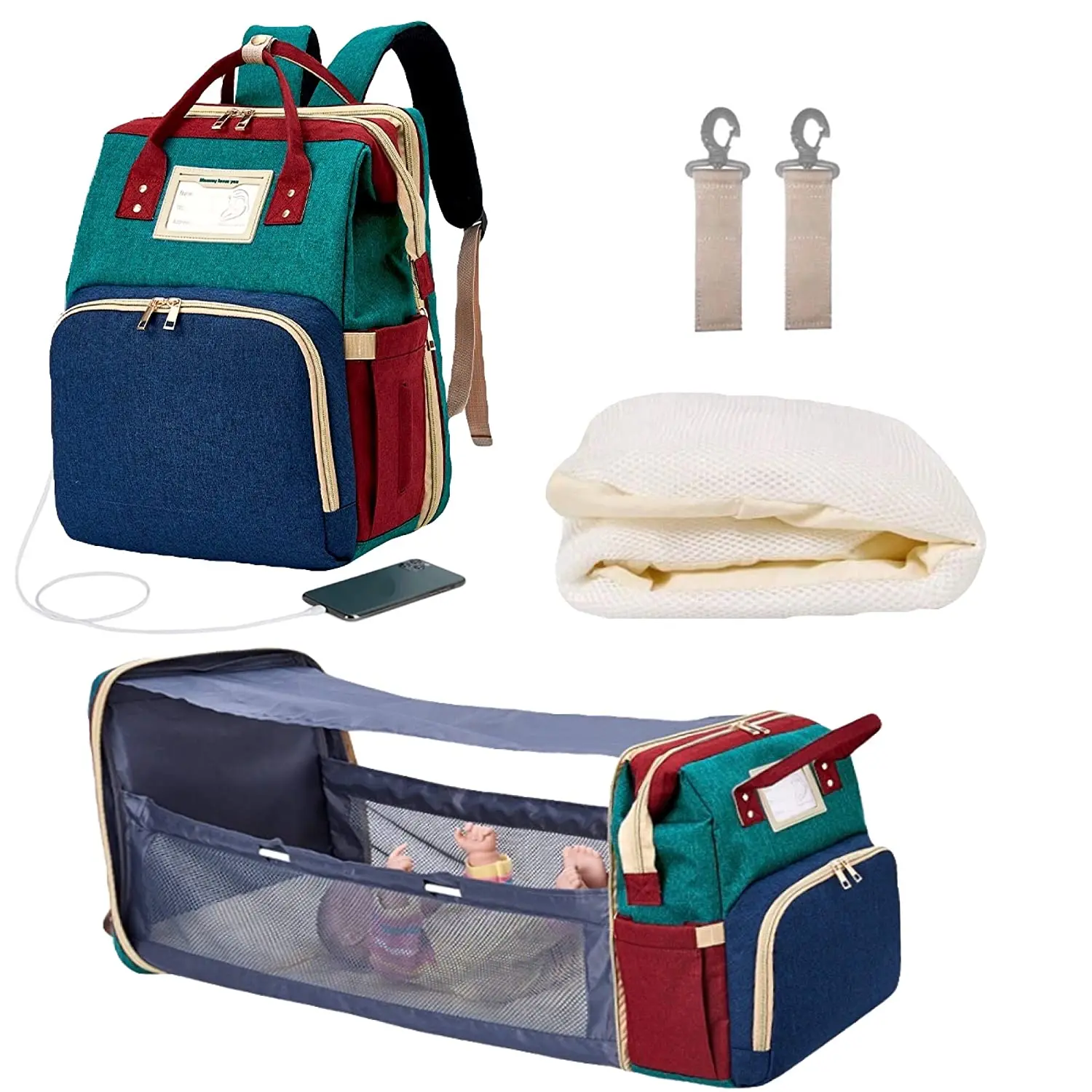 складная детская кроватка 3в1, сумка для подгузников для мамы, Органайзер, Переносная Дорожная станция для смены подгузников с USB-портом для зарядки - 5