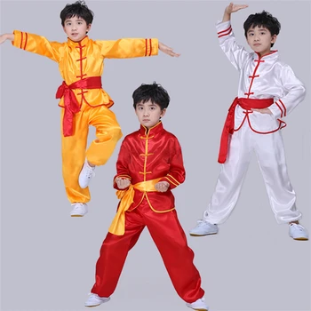 3 шт./компл., китайский костюм кунг-фу Тан для детского выступления на сцене, короткий атласный наряд с длинными рукавами, одежда для занятий, Детская Унисекс