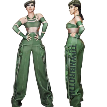 Зеленая телесная лоскутная женская военная форма с длинным рукавом, цельный танцевальный костюм для певицы ночного клуба, одежда для сцены