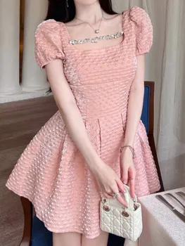 Элегантное женское модное повседневное мини-платье принцессы, винтажное тонкое блестящее праздничное розовое платье трапециевидной формы, женское шикарное однотонное праздничное платье