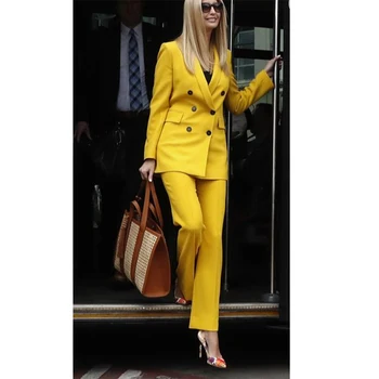 2023 Желтый женский костюм, Блейзер, весенне-летние женские костюмы, офисная одежда, женская рабочая одежда, офисный костюм, костюмы-двойки (куртка + брюки)