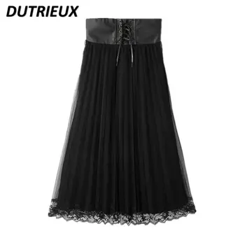 Кружевная сетка с эластичной талией в японском стиле, Модная юбка средней длины, Кружевная плиссированная юбка, Длинная юбка, Весенне-летняя женская юбка