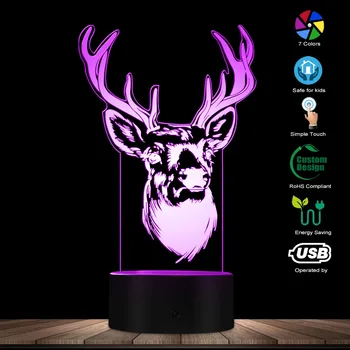 Голова оленя, рога оленя, 3D оптическая иллюзия, Светящийся Лесной олень, дикая природа, Креативный ночник, декоративная настольная лампа