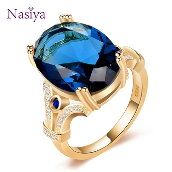 Nasiya, Новый Дизайн, Оригинальное кольцо на палец, кольца золотого цвета С крупными аквамариновыми камнями 13x18 мм, Модные ювелирные изделия Оптом