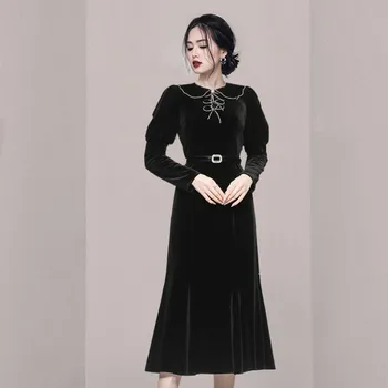 Новое модное Женское Осеннее Черное Бархатное платье с пышными рукавами, воротник 