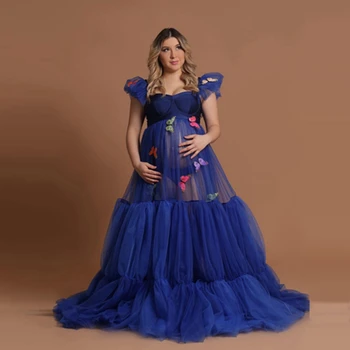 3D платья для беременных с бабочками для фотосъемки с открытой передней частью из тюля vestido de fiesta Винтажное платье для беременных Королевского синего цвета без рукавов