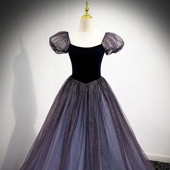 Вечернее платье с квадратным вырезом и пышными рукавами, винтажная французская юбка-пачка с высокой талией, Сетчатое элегантное длинное платье на шнуровке для женщин