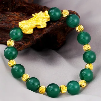 Браслет из чистого золота 18 карат для мужчин и женщин, браслеты, ювелирные изделия, настоящий зеленый агат ручной работы, Опал, драгоценные камни, бусины Pixiu, цепочка pulseira