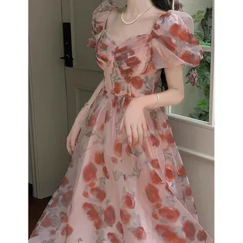 Платья французской принцессы, Роскошное Милое Летнее Элегантное шифоновое платье с цветочным рисунком, Женское Новое Темпераментное Винтажное розовое платье средней длины