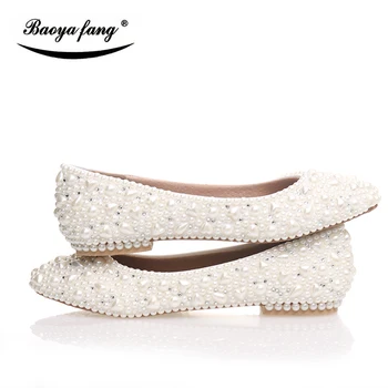 BaoYaFang/ женские свадебные туфли с бежевым жемчугом и кристаллами на плоской подошве, женские туфли большого размера со стелькой из натуральной кожи, женская обувь для свадебной вечеринки